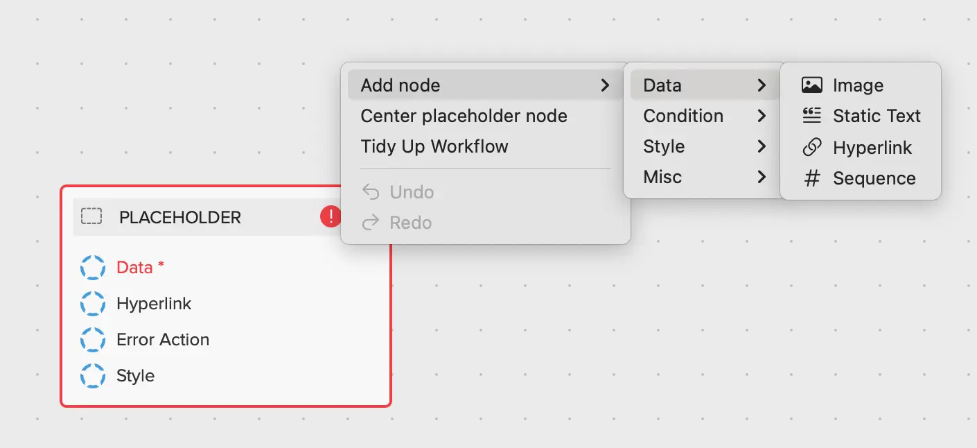 Right-click menu: Add node, Data, Image