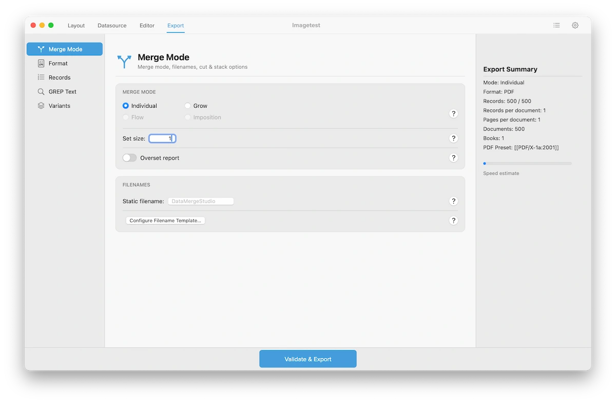The Export Merge Mode panel with Individual selected and Set size 1