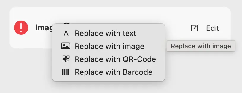 The replace menu showing Replace with QR-Code and Replace with Barcode